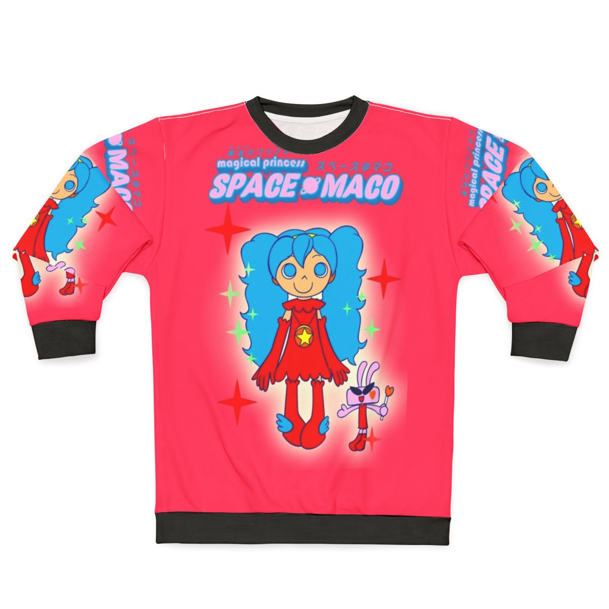 Magical pop music dance sweatshirt featuring a pink and blue space maco character