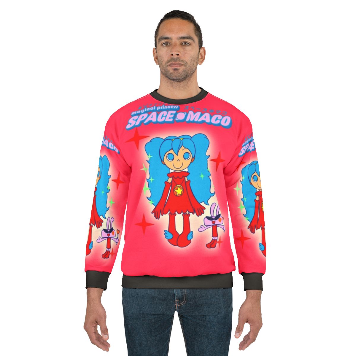 Magical pop music dance sweatshirt featuring a pink and blue space maco character