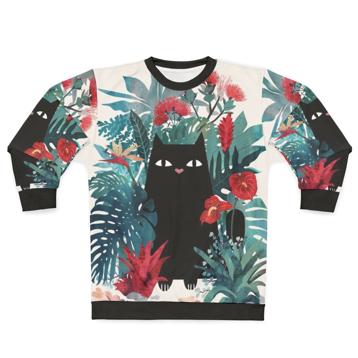 Popoki Black Cat Sweatshirt with Tropical Floral Print
