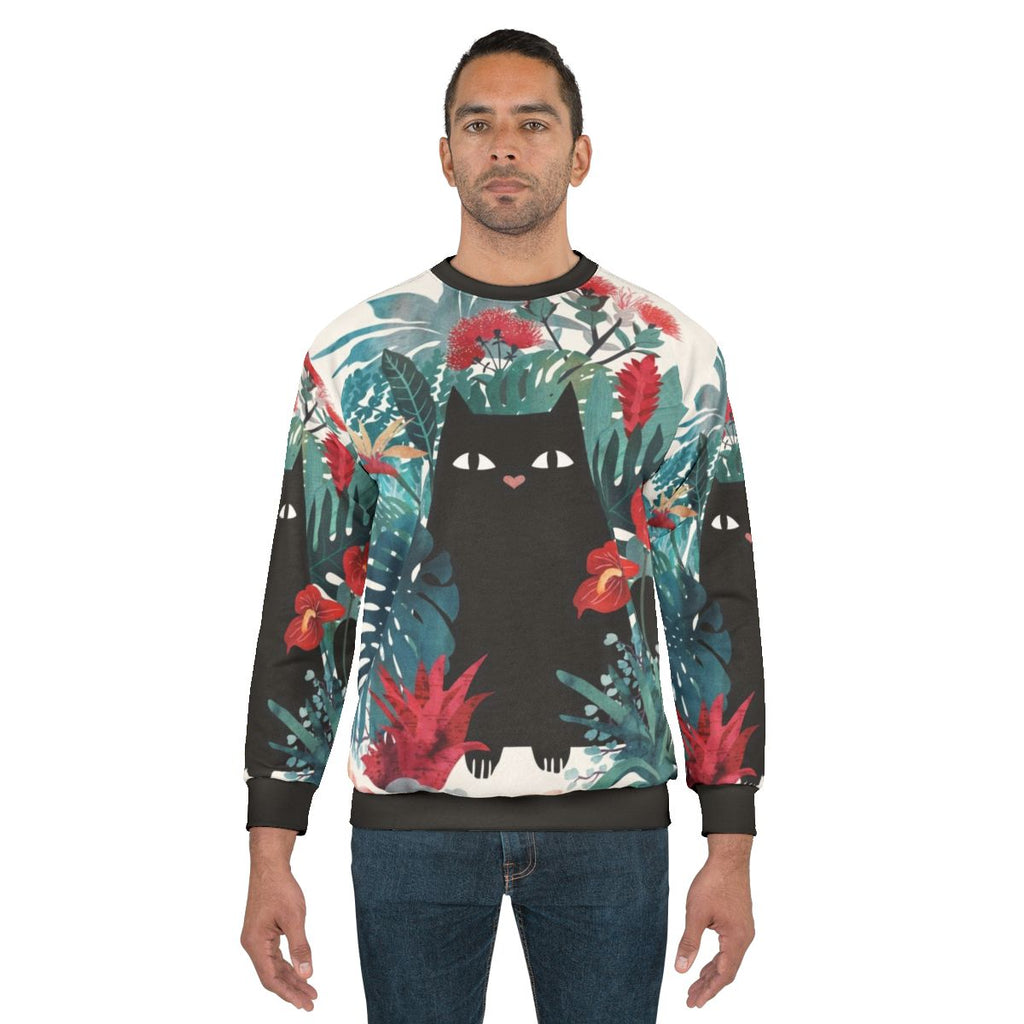 Popoki Black Cat Sweatshirt with Tropical Floral Print