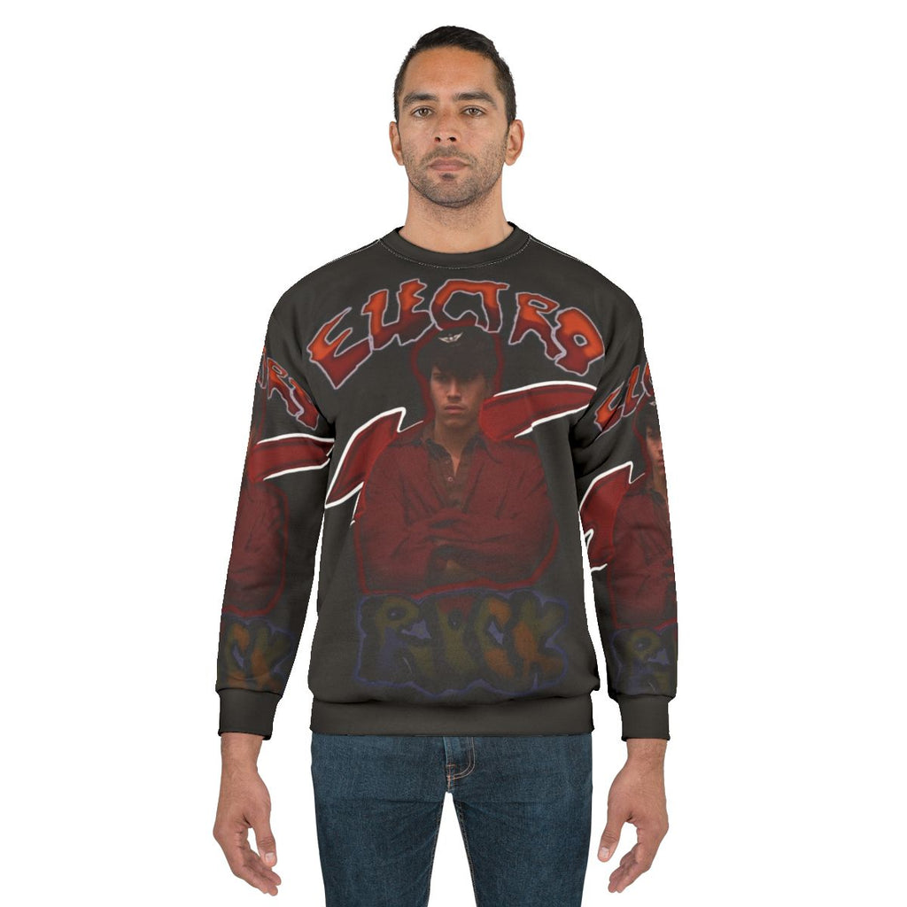 Breakdancing taco graphic on a cozy sweatshirt