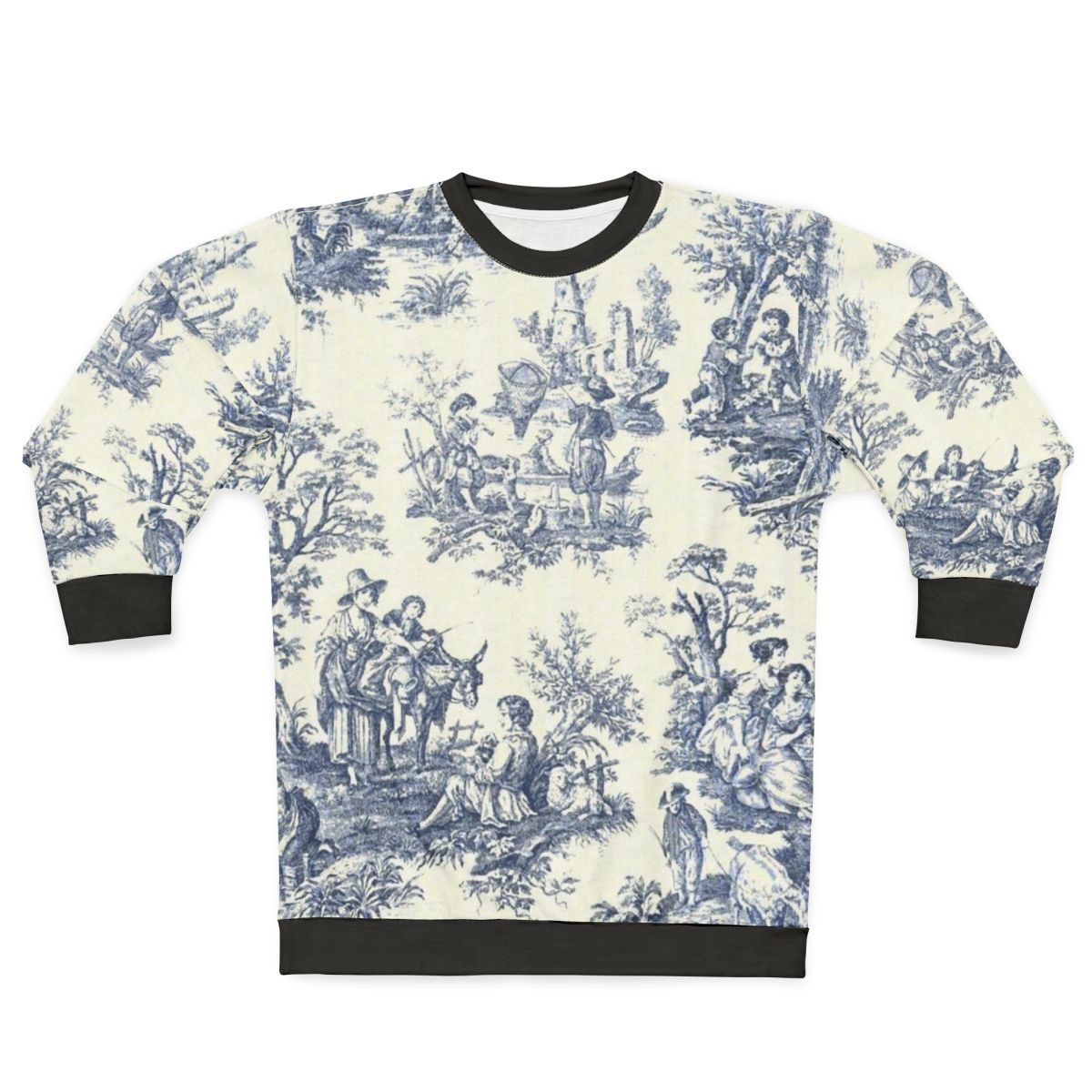 Powder blue sweatshirt with french toile vintage art and bonsai tree designs