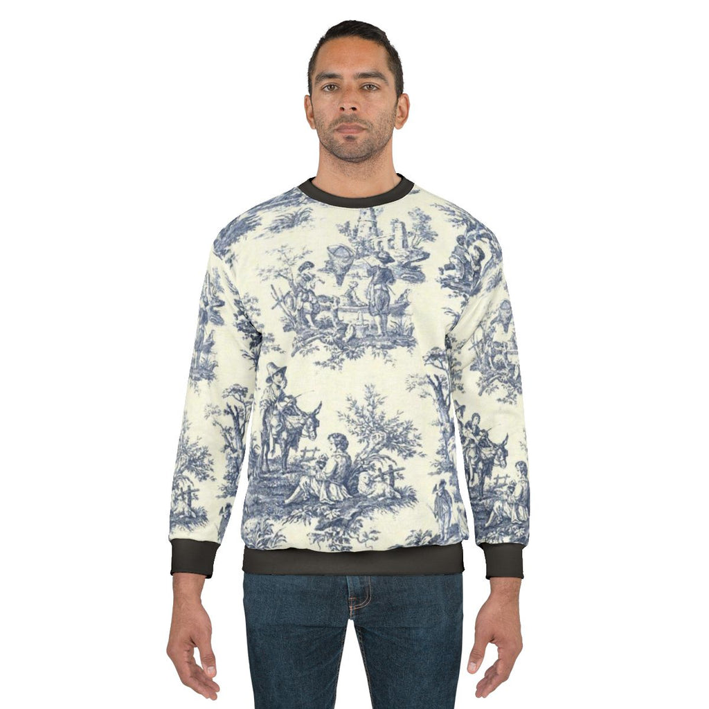 Powder blue sweatshirt with french toile vintage art and bonsai tree designs