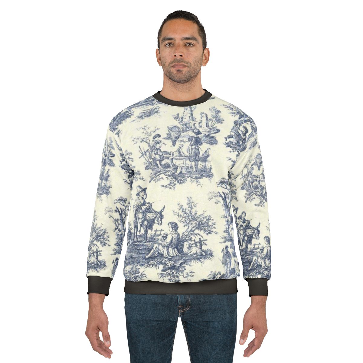 Powder blue sweatshirt with french toile vintage art and bonsai tree designs