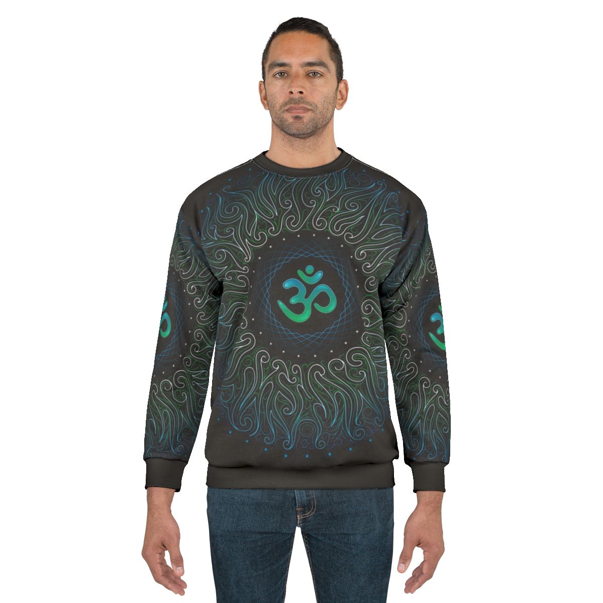 Pranava yoga om mandala sweatshirt with visionary art and sacred geometry