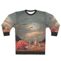 Vintage retro digital collage sweatshirt with surreal sci-fi landscape