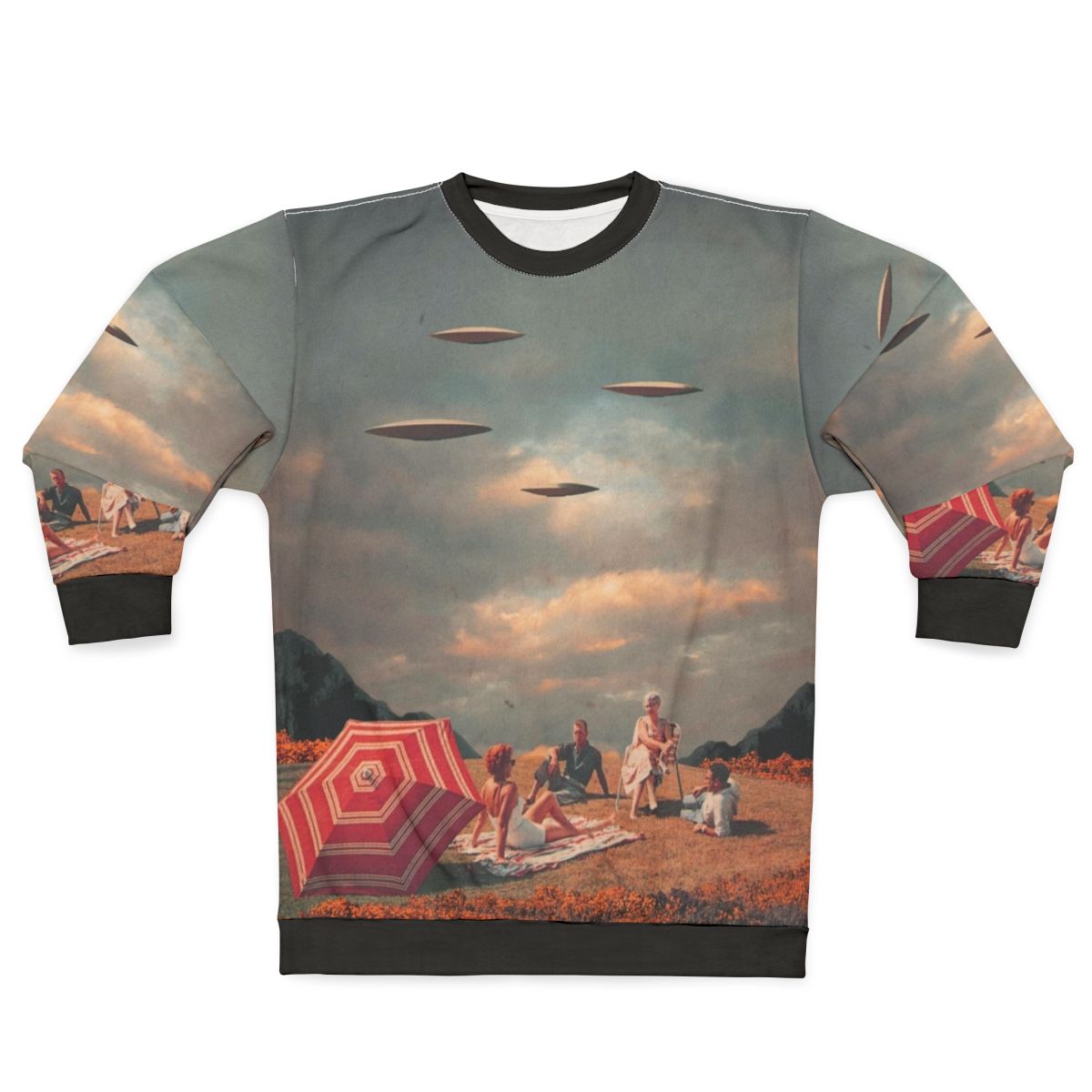Vintage retro digital collage sweatshirt with surreal sci-fi landscape