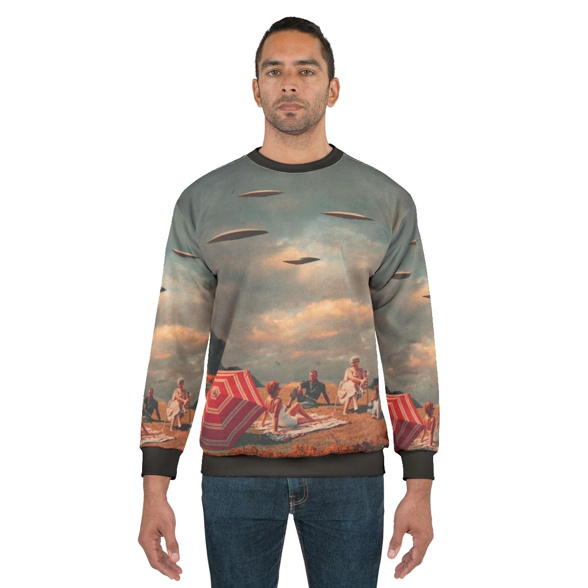 Vintage retro digital collage sweatshirt with surreal sci-fi landscape