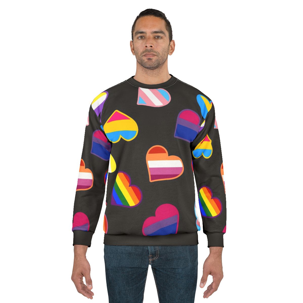 Colorful pride flags hearts design on a cozy sweatshirt