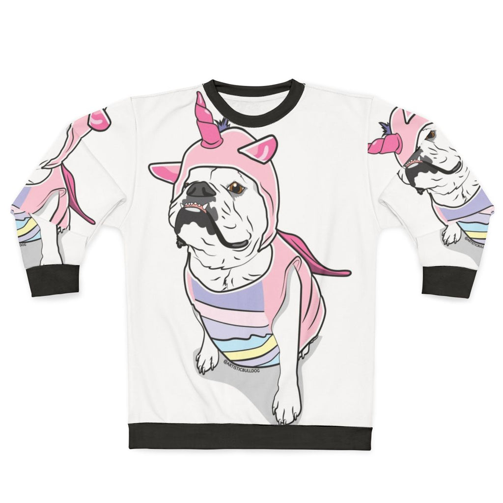 Bulldog wearing a unicorn-themed sweatshirt