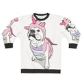 Bulldog wearing a unicorn-themed sweatshirt