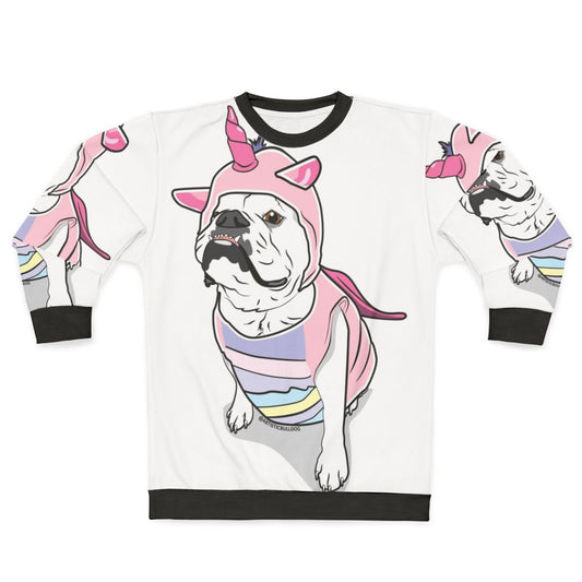 Bulldog wearing a unicorn-themed sweatshirt