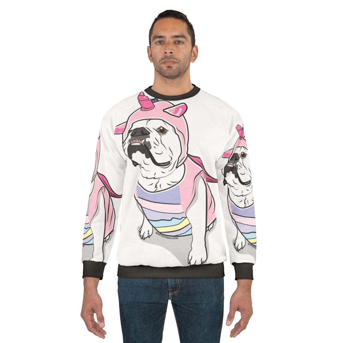 Bulldog wearing a unicorn-themed sweatshirt