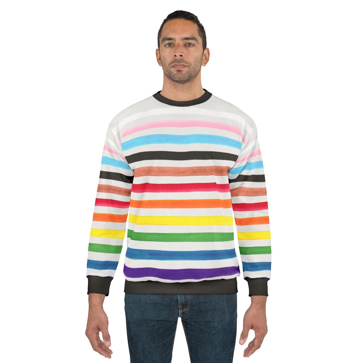 Progress Pride Stripes Sweatshirt featuring the inclusive LGBTQ+ pride flag