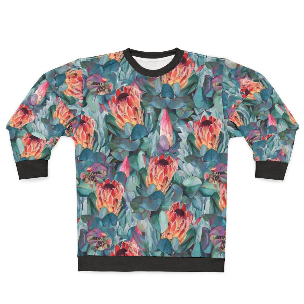 Protea Flowers Sweatshirt featuring a colorful, botanical pattern