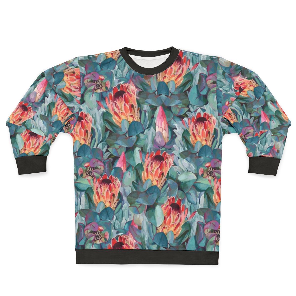 Protea Flowers Sweatshirt featuring a colorful, botanical pattern