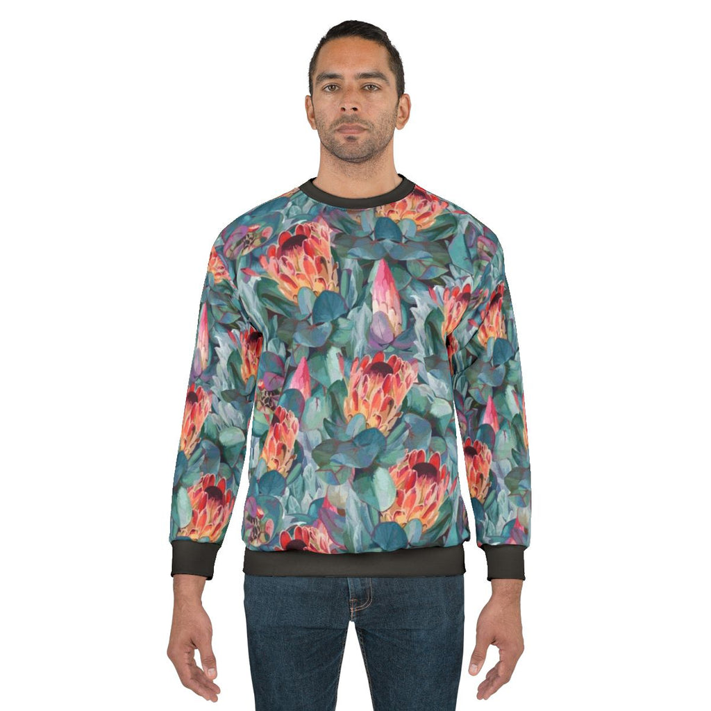 Protea Flowers Sweatshirt featuring a colorful, botanical pattern
