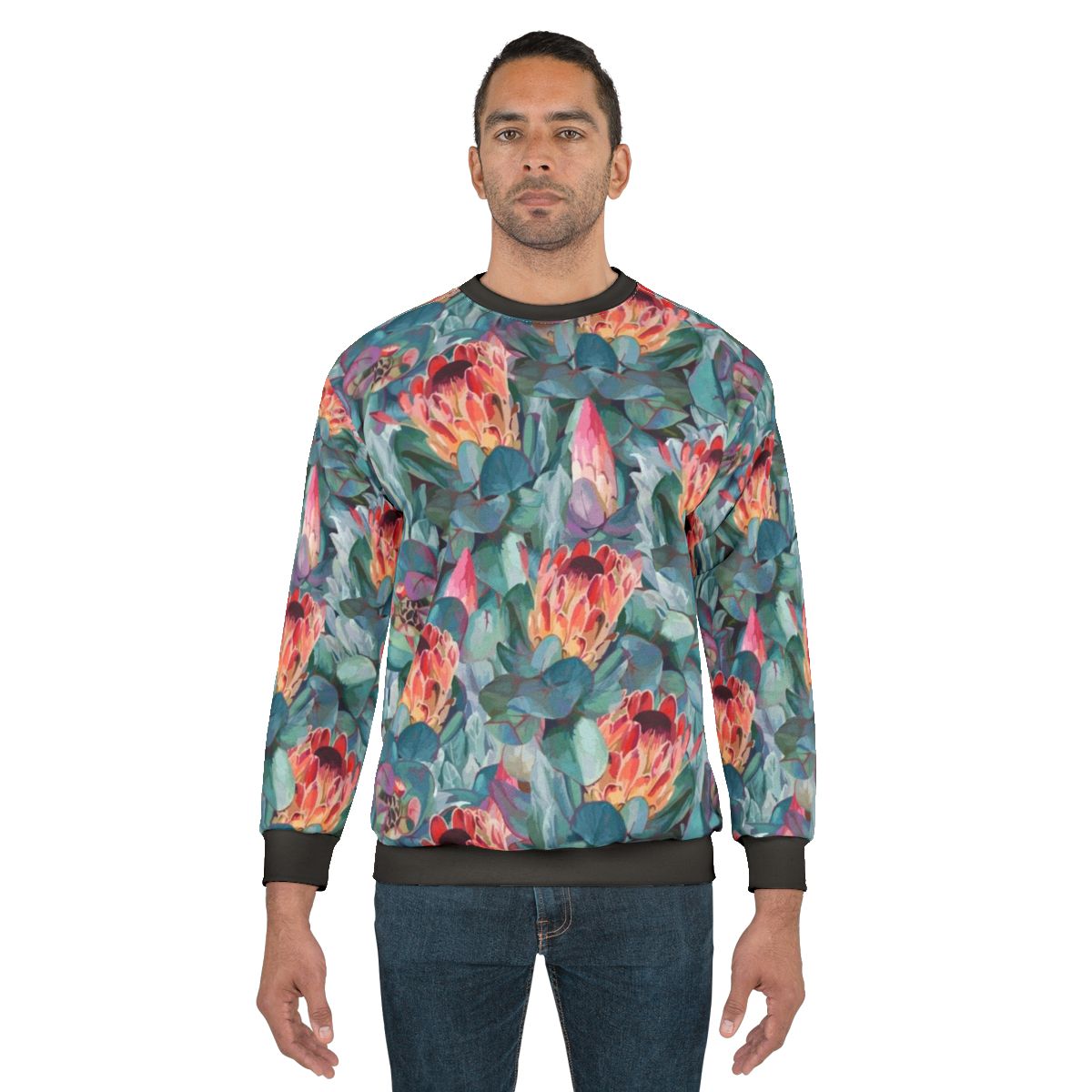 Protea Flowers Sweatshirt featuring a colorful, botanical pattern
