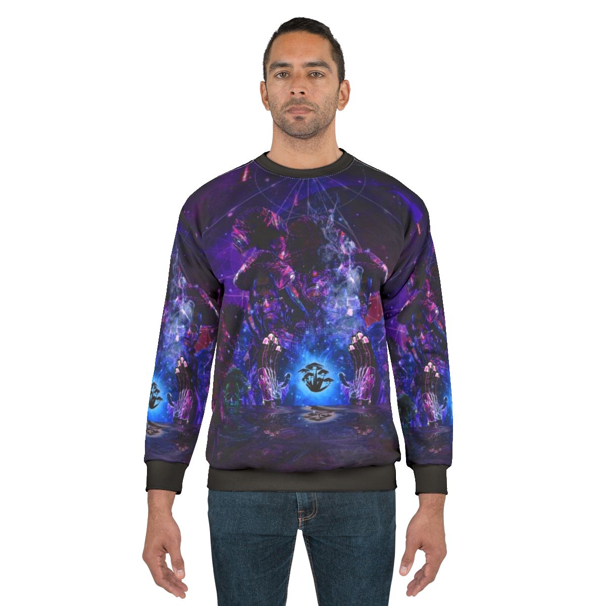 Psychedelic psilocybin shamen sweatshirt with trippy, geometric, and alternative artwork