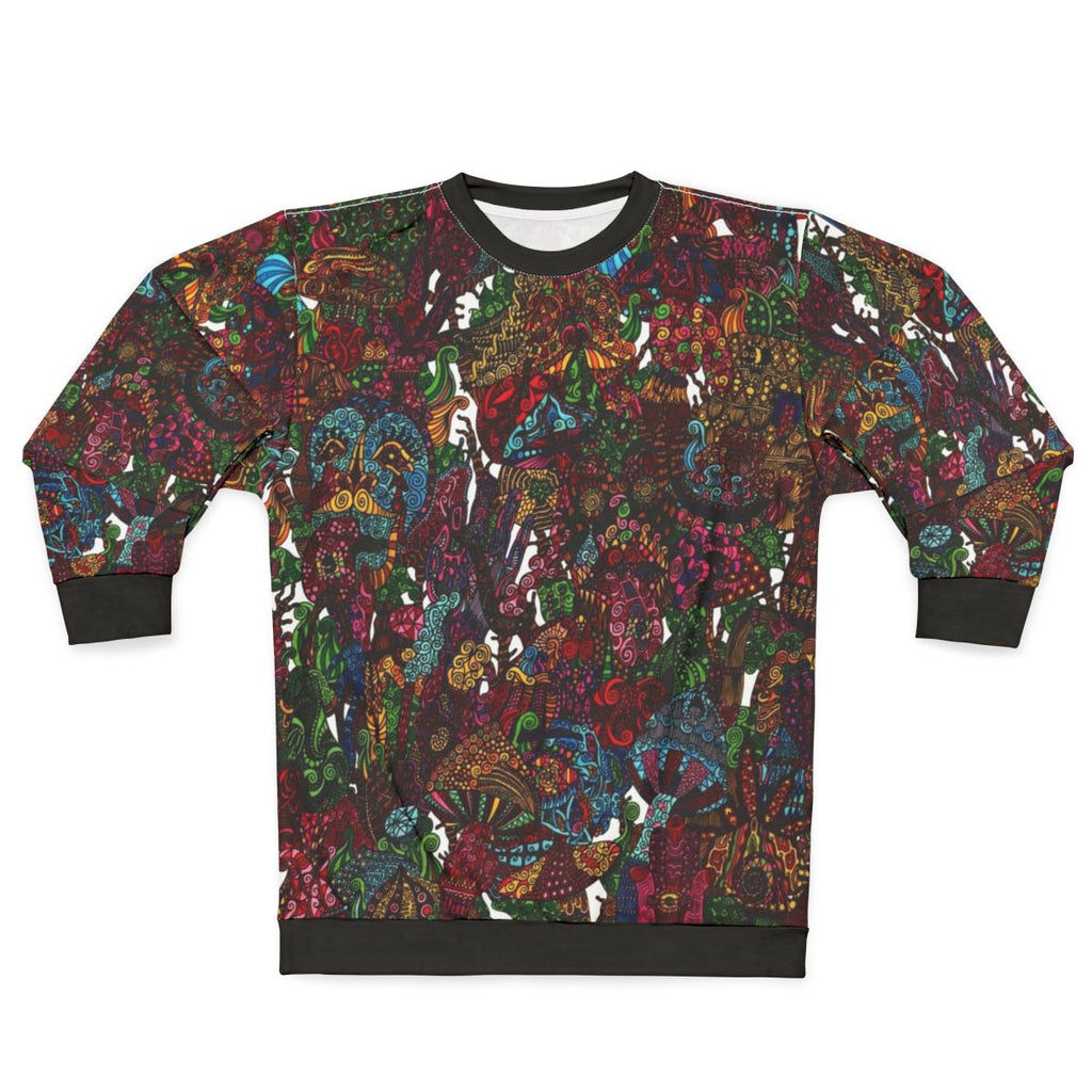 Psychedelic cartoon sweatshirt with trippy, colorful abstract design
