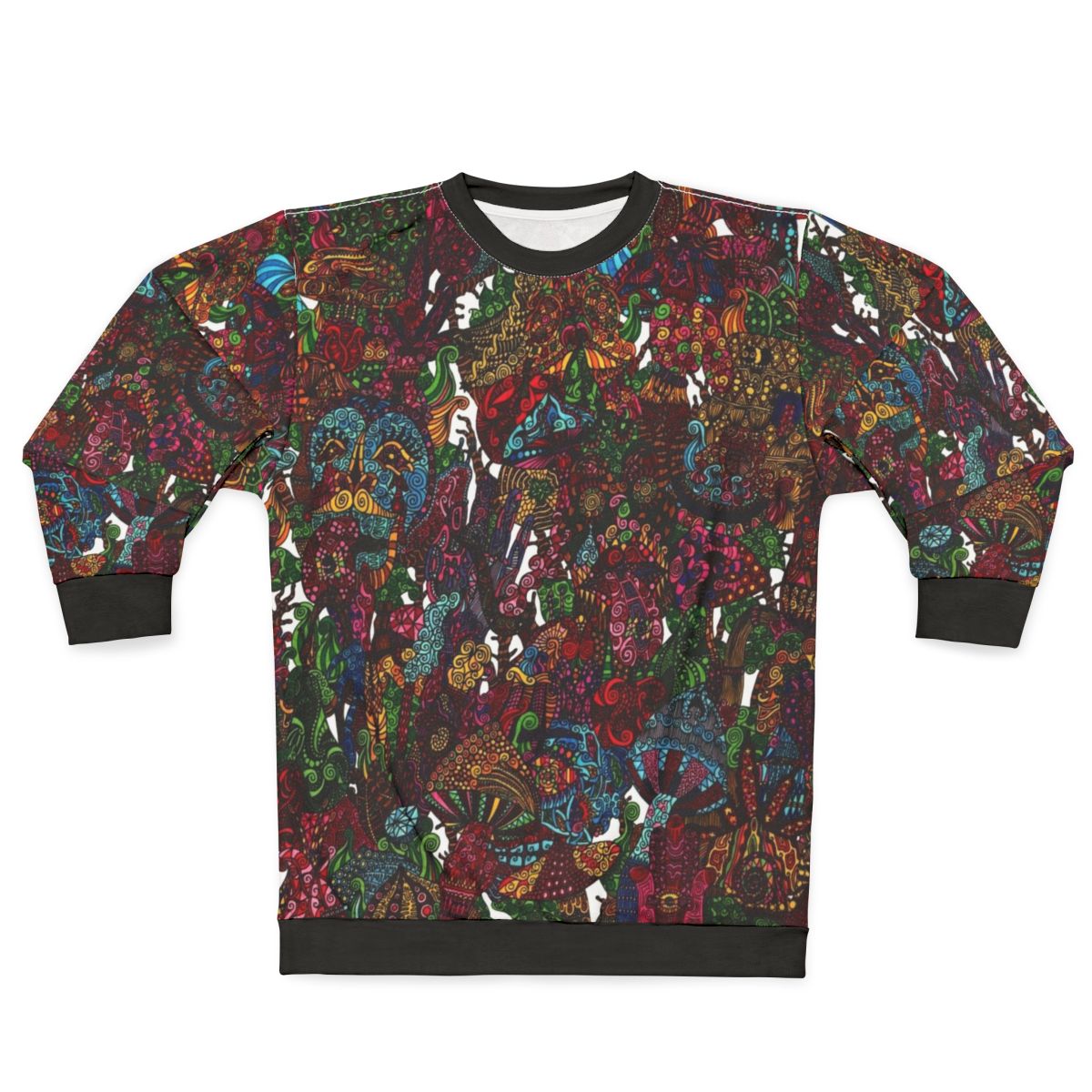 Psychedelic cartoon sweatshirt with trippy, colorful abstract design