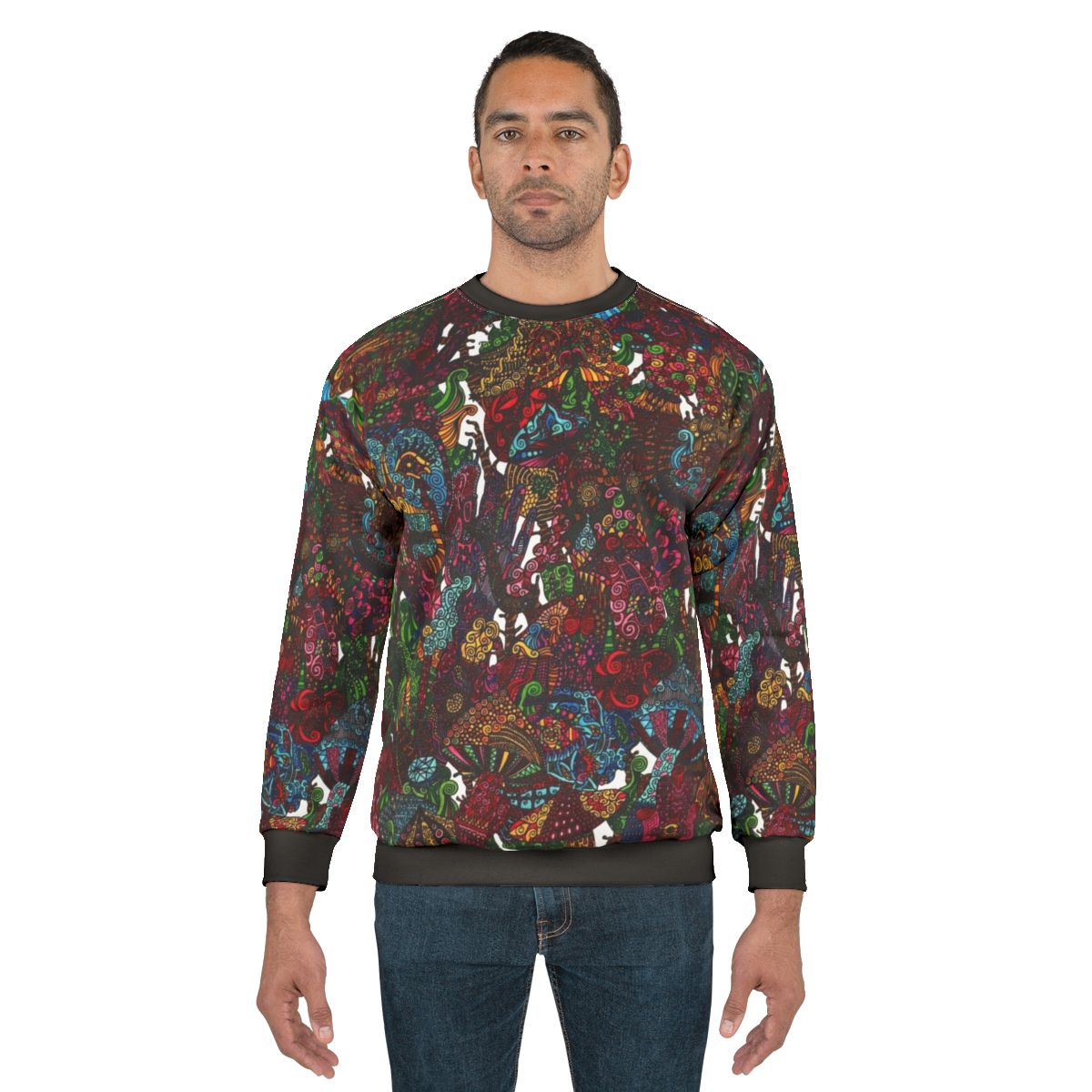 Psychedelic cartoon sweatshirt with trippy, colorful abstract design