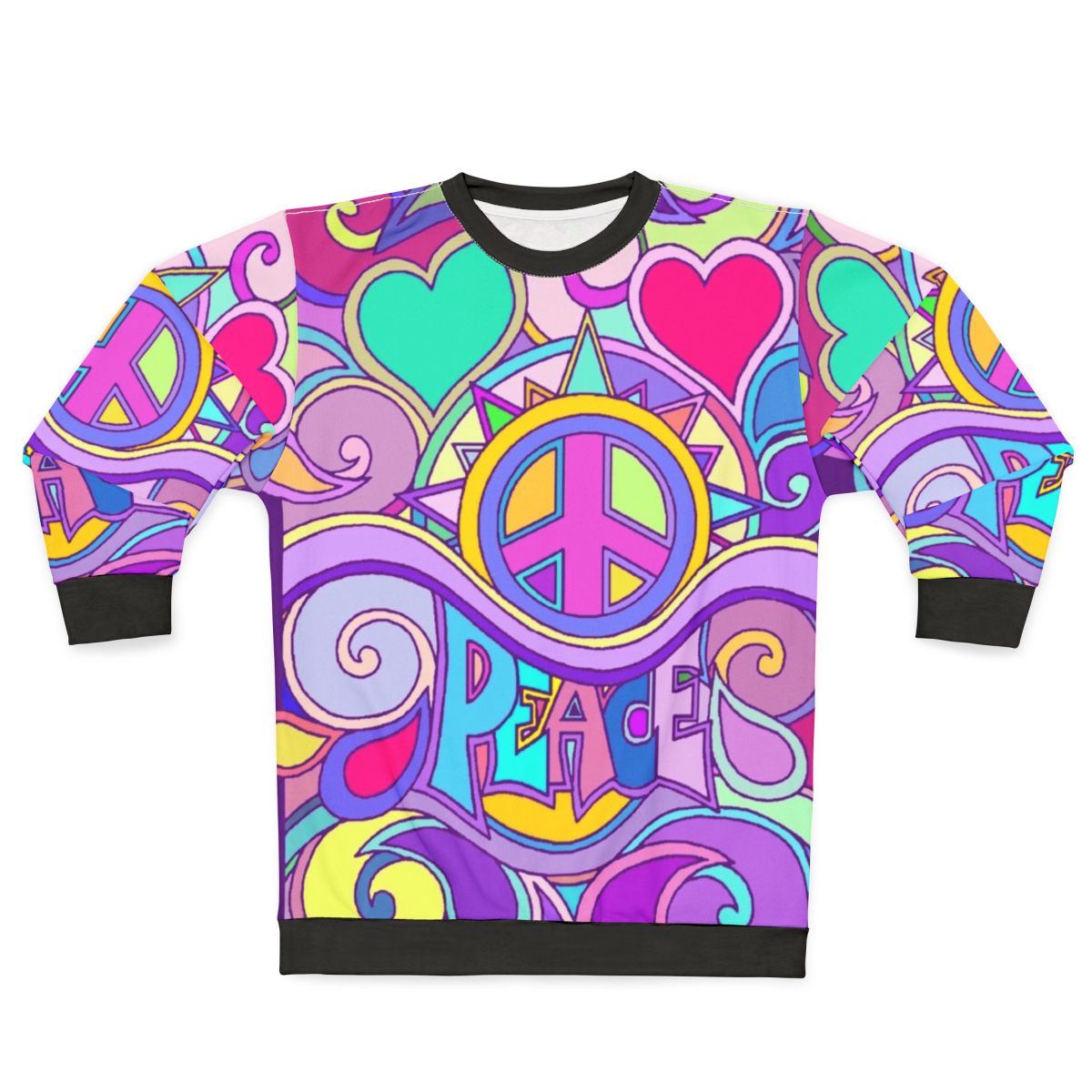 Retro psychedelic peace hippie sweatshirt with colorful abstract 60s/70s graphic