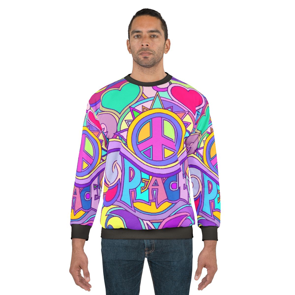 Retro psychedelic peace hippie sweatshirt with colorful abstract 60s/70s graphic