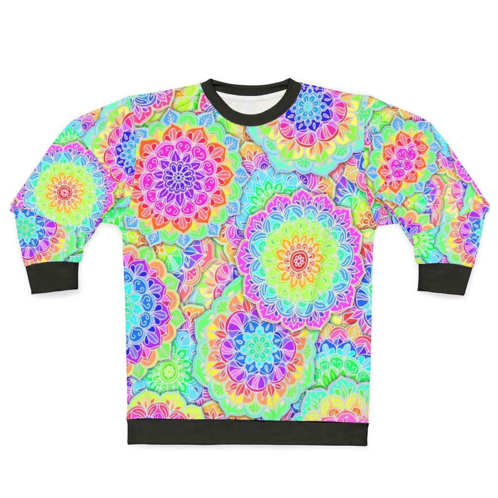 Psychedelic summer sweatshirt with boho, bright, and colorful designs