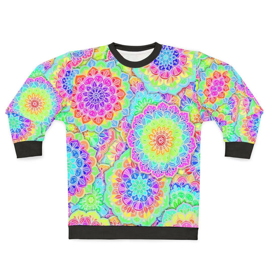 Psychedelic summer sweatshirt with boho, bright, and colorful designs