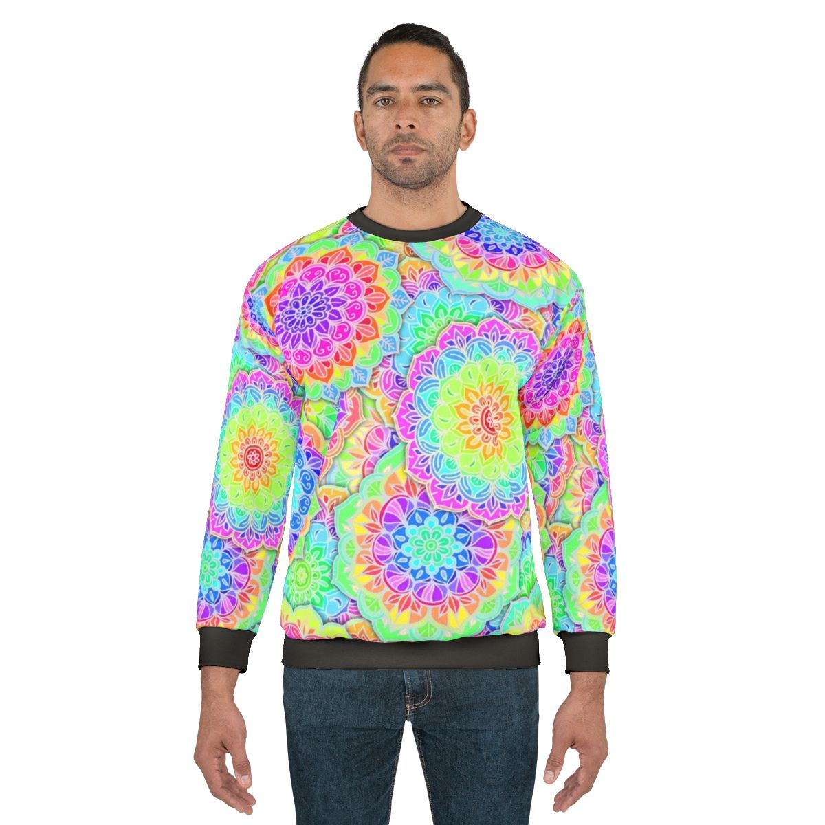 Psychedelic summer sweatshirt with boho, bright, and colorful designs