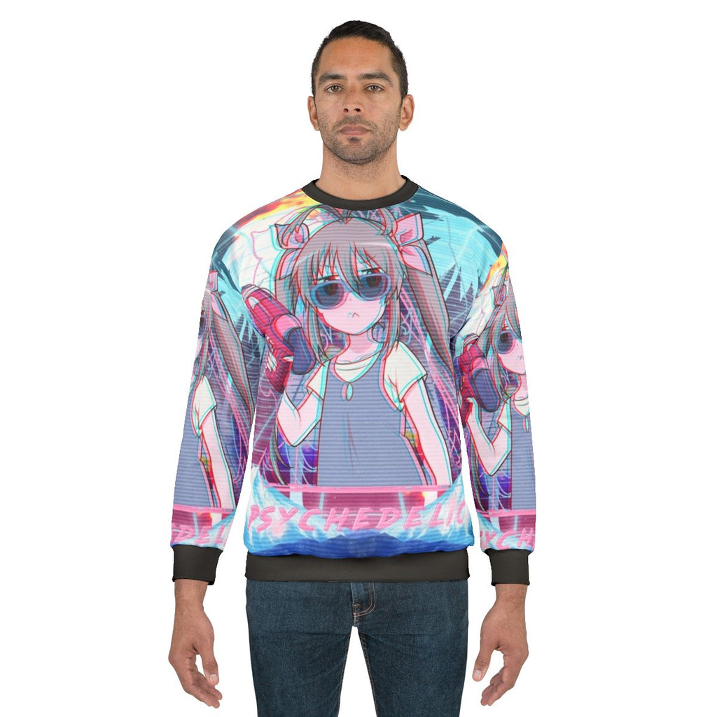 Psychedelic anime-inspired sweatshirt with synthwave design