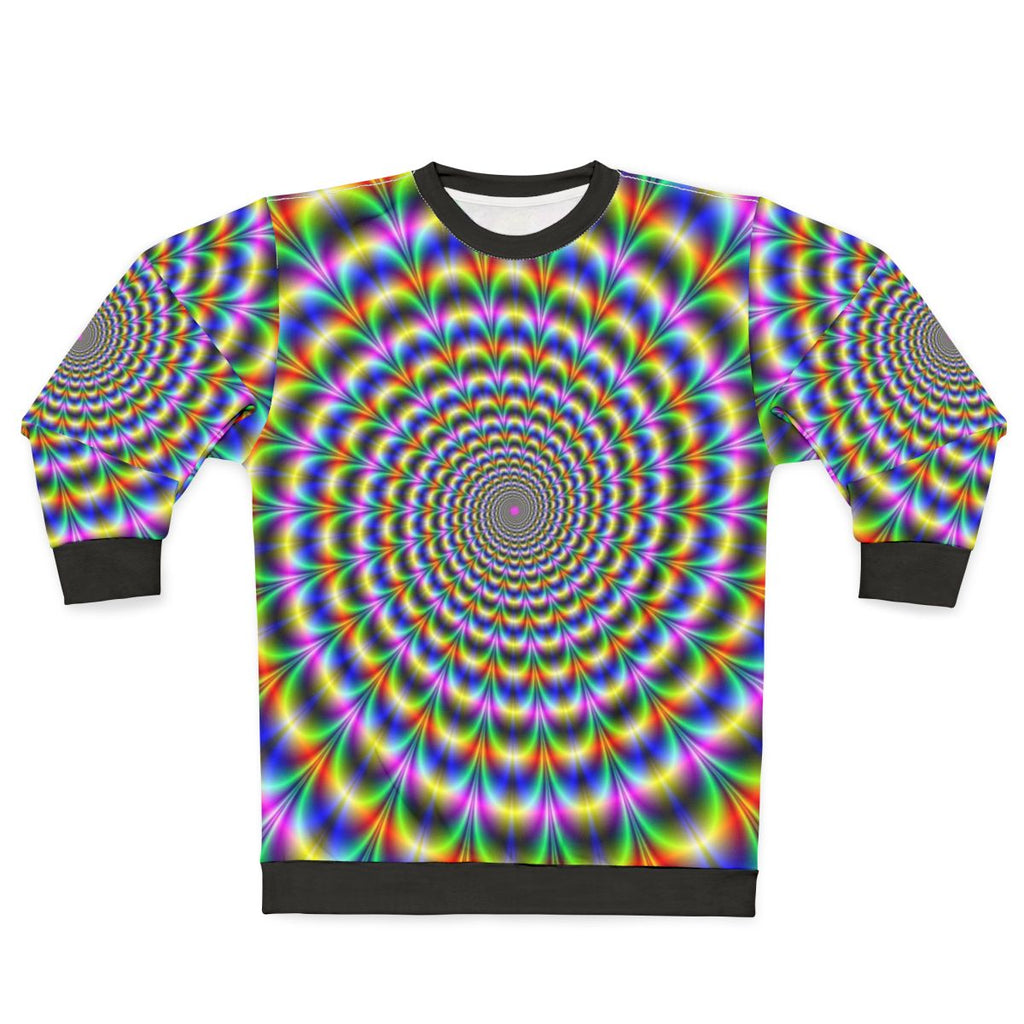 Psychedelic swirl pattern sweatshirt with vibrant, trippy graphics