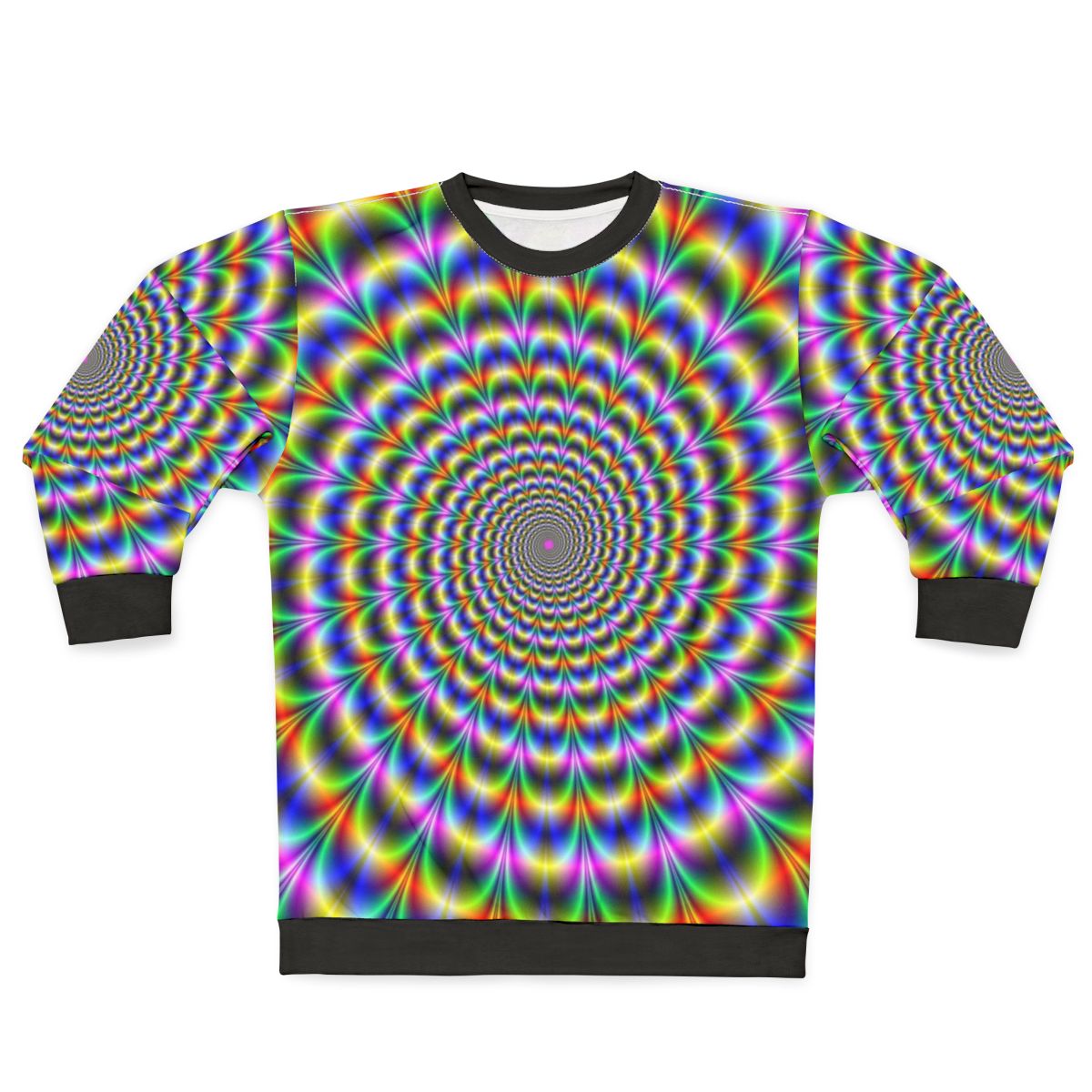 Psychedelic swirl pattern sweatshirt with vibrant, trippy graphics