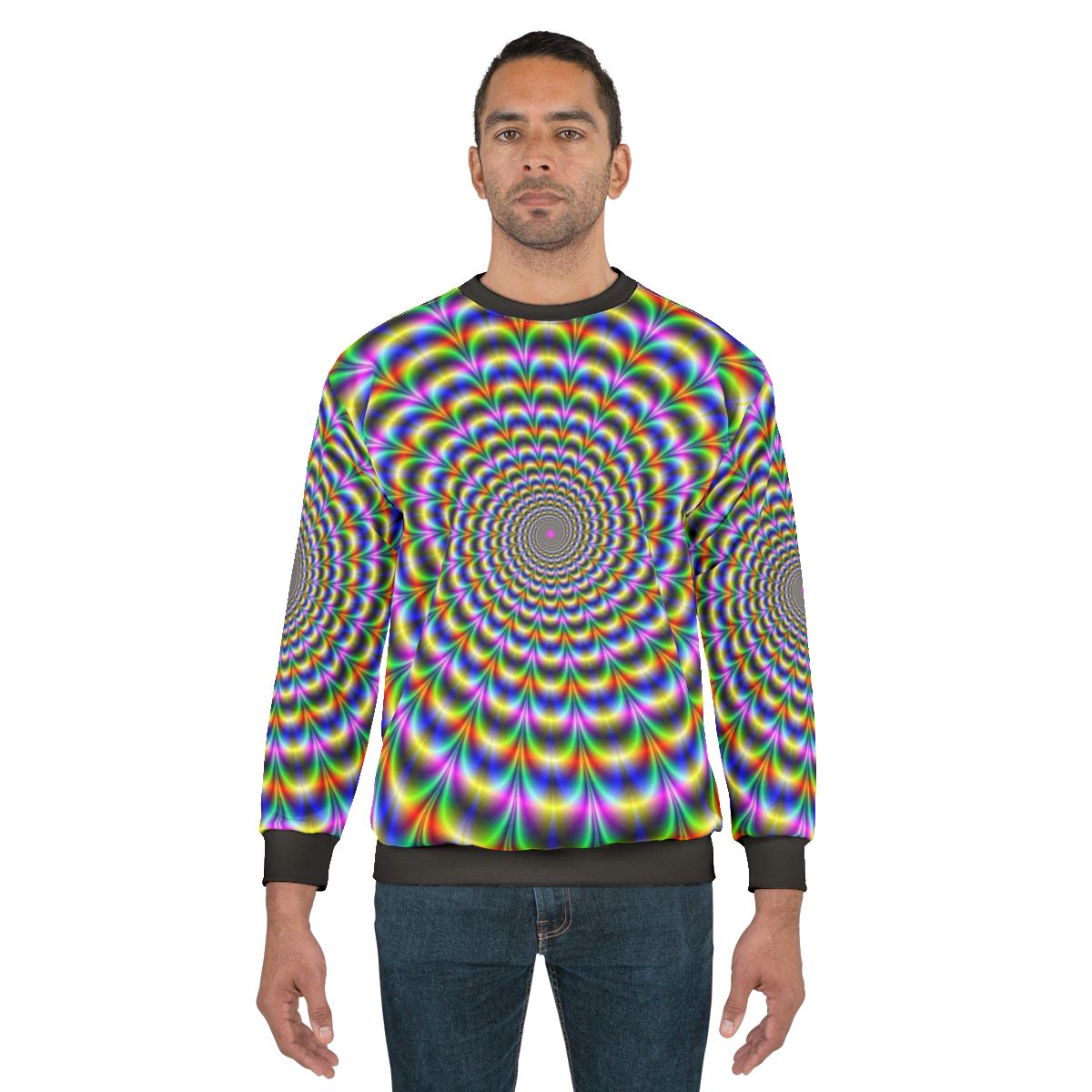 Psychedelic swirl pattern sweatshirt with vibrant, trippy graphics