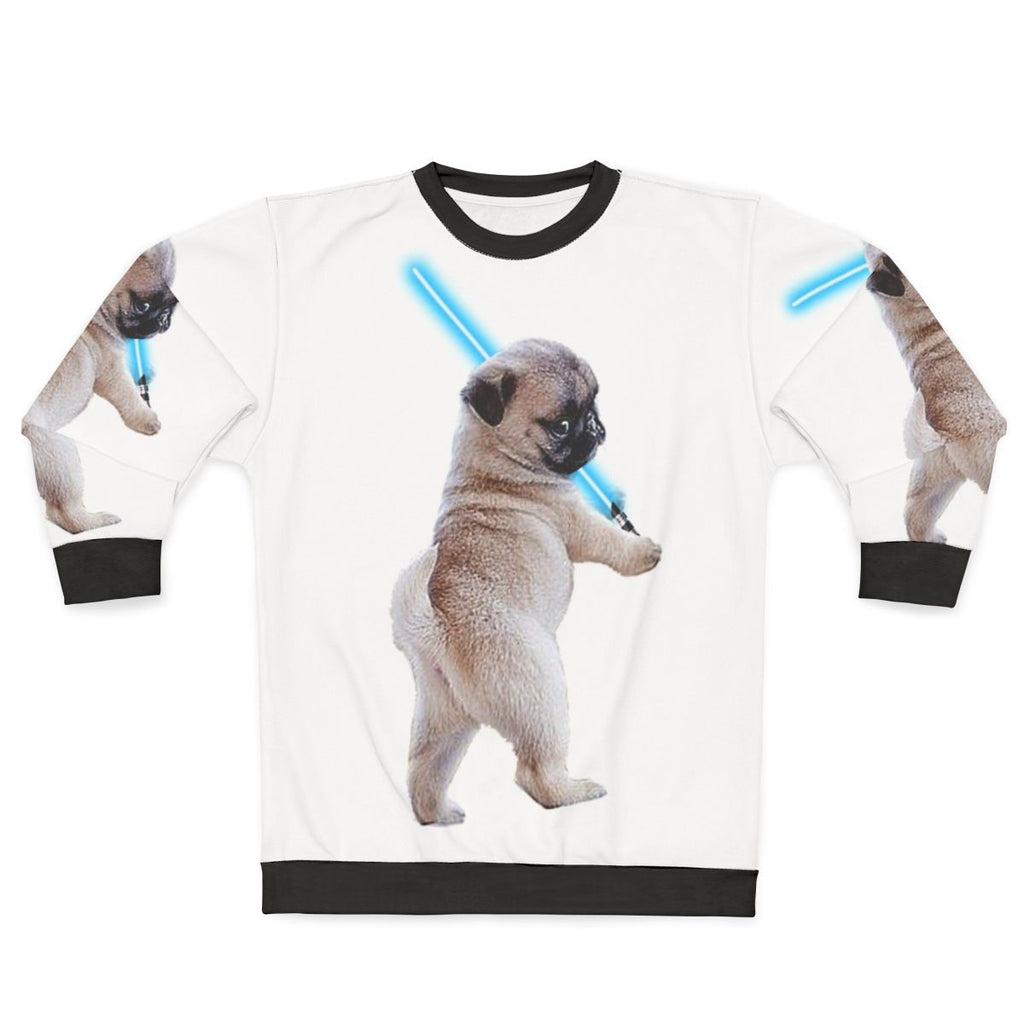 Pug wearing a sweatshirt with a lightsaber graphic