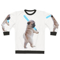 Pug wearing a sweatshirt with a lightsaber graphic