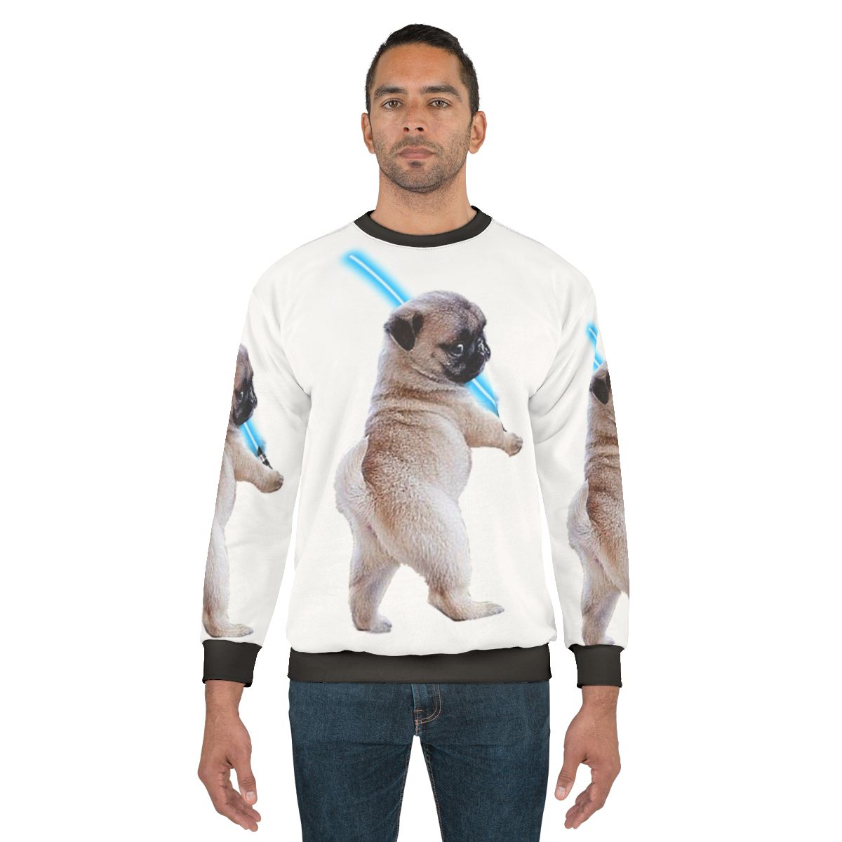 Pug wearing a sweatshirt with a lightsaber graphic