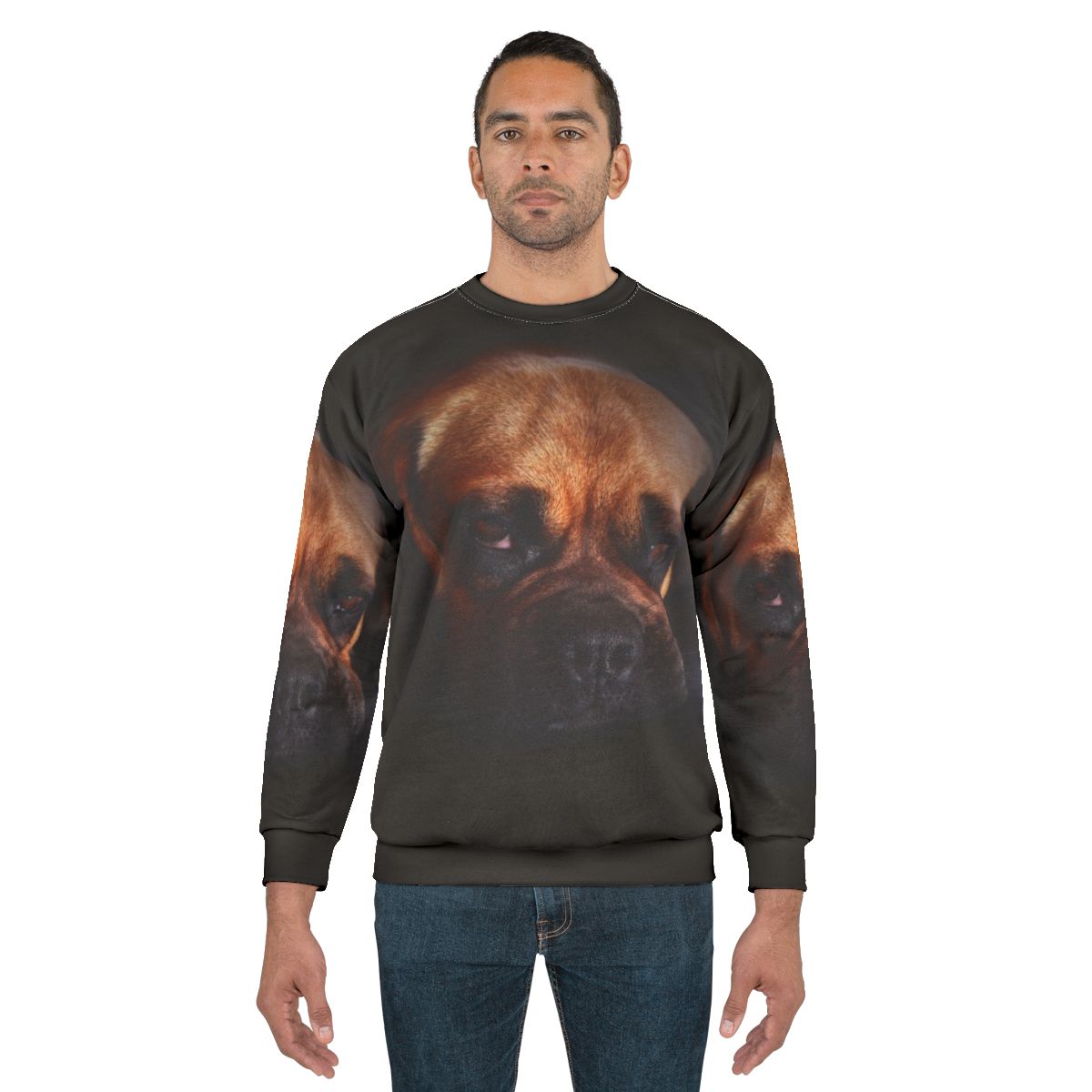 Cute puggle dog wearing a cozy sweatshirt