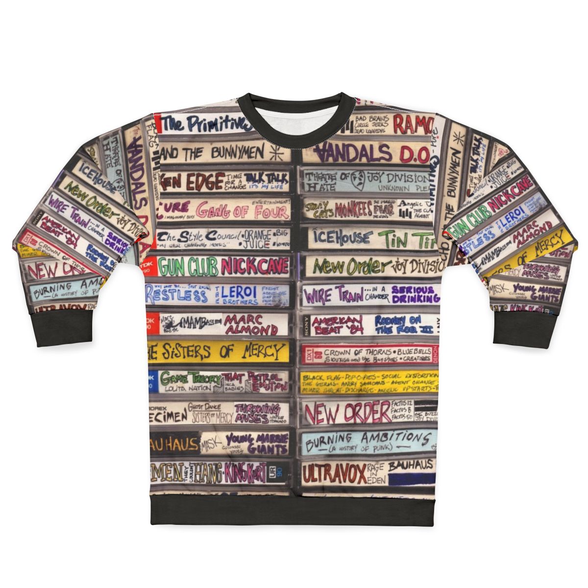 Vintage punk cassettes sweatshirt featuring retro 80s music and cassette tape art