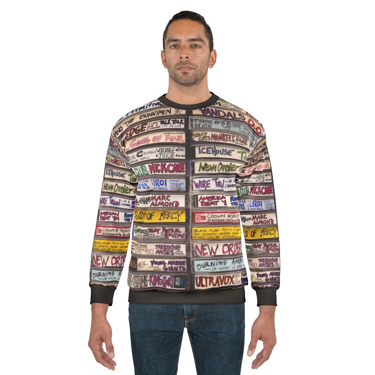 Vintage punk cassettes sweatshirt featuring retro 80s music and cassette tape art
