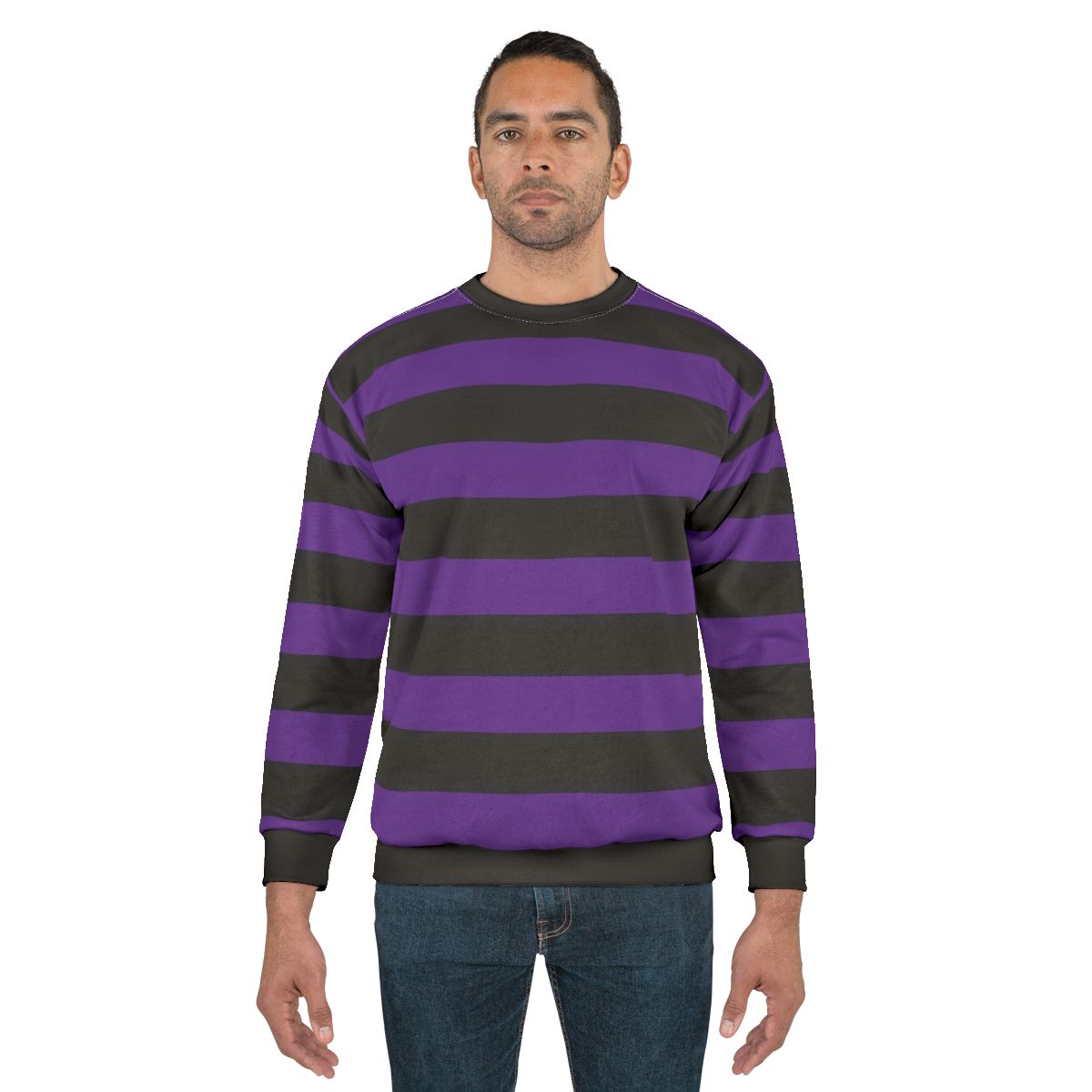 Purple and black wide horizontal striped sweatshirt