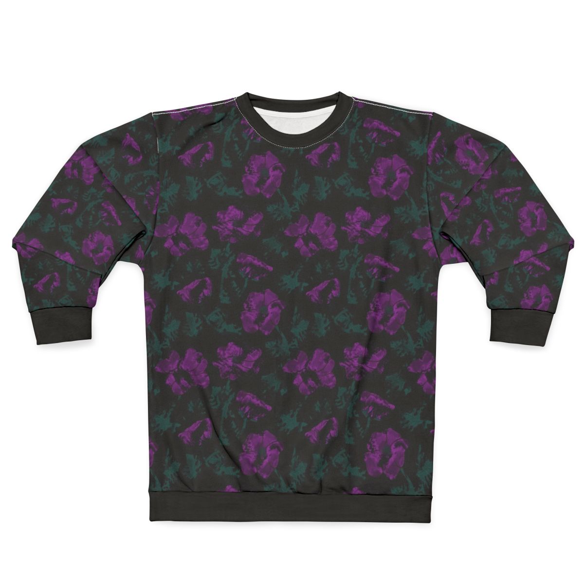Purple flowers on black background floral sweatshirt