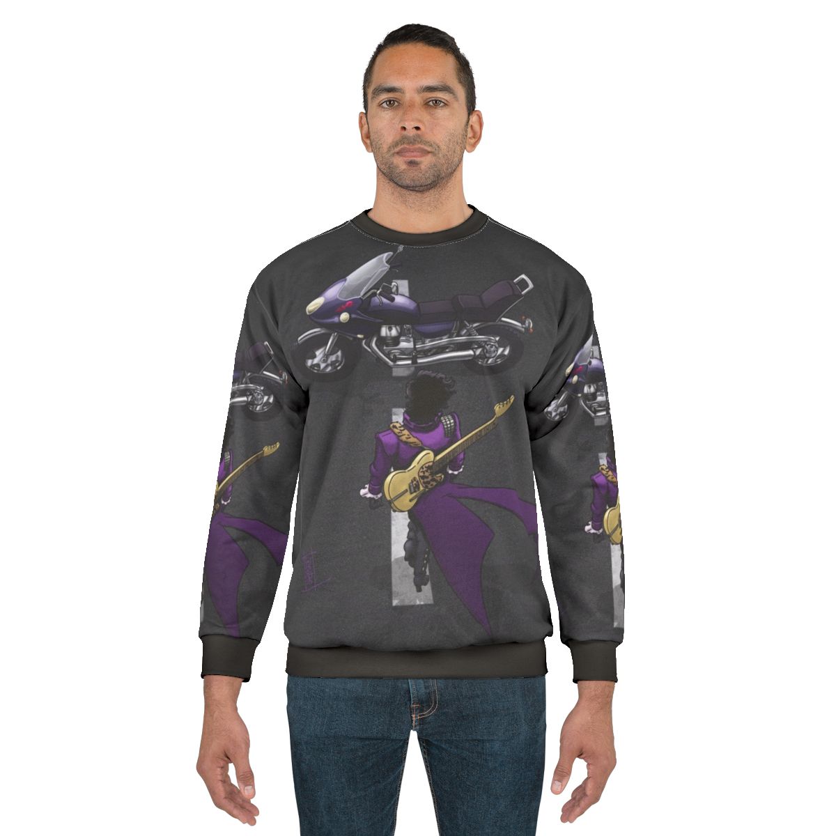 Purple motorcycle sweatshirt with music and anime design