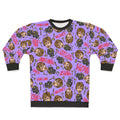 A purple sweatshirt featuring a print of TV personality Judge Judy