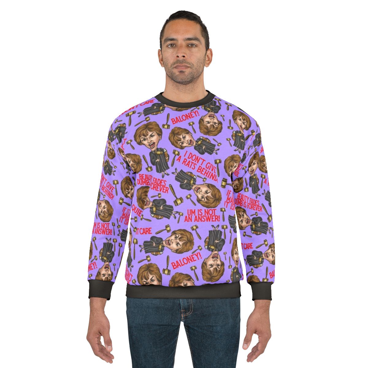 A purple sweatshirt featuring a print of TV personality Judge Judy