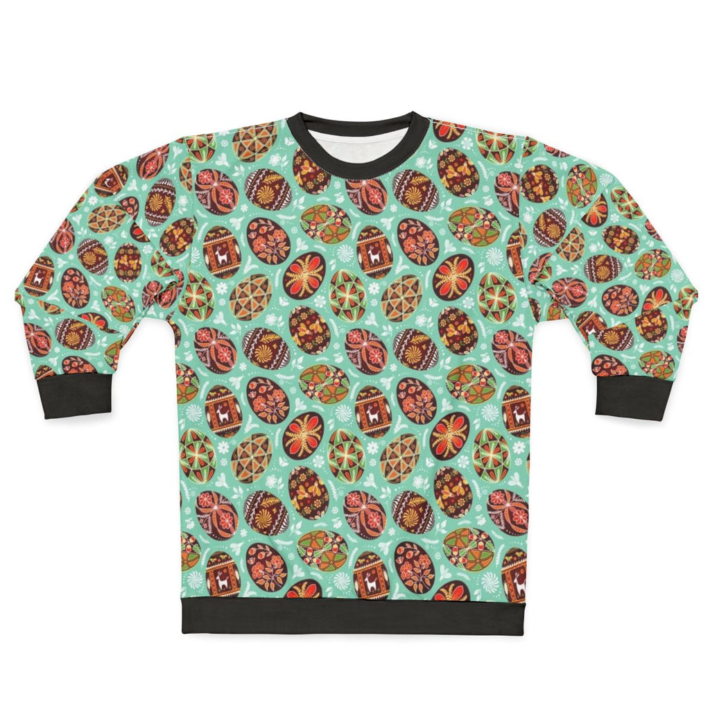 Pysanky sweatshirt featuring traditional Ukrainian painted egg pattern