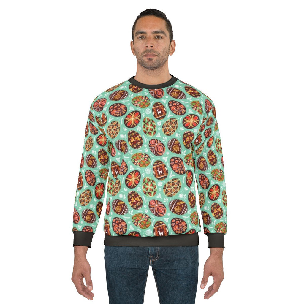 Pysanky sweatshirt featuring traditional Ukrainian painted egg pattern
