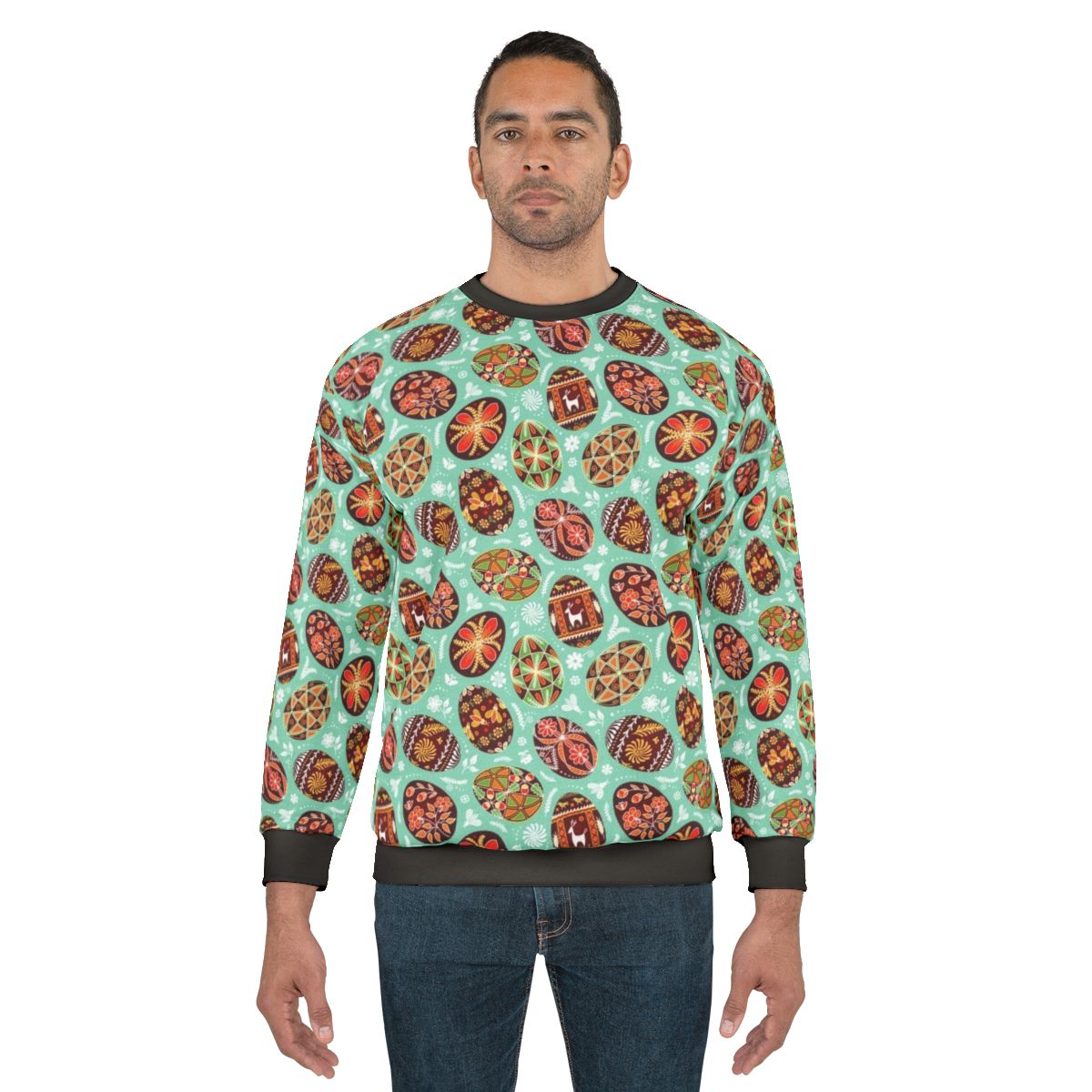 Pysanky sweatshirt featuring traditional Ukrainian painted egg pattern