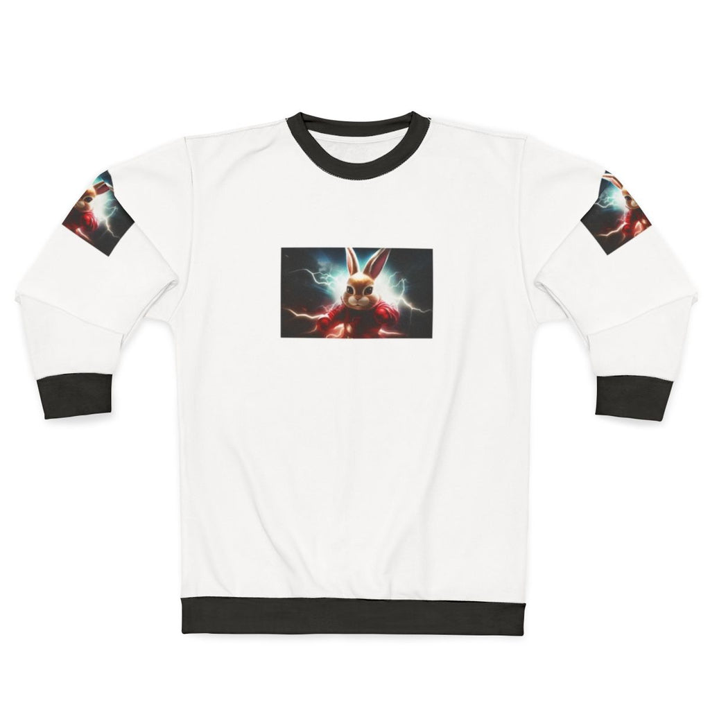 Rabbit The Superhero graphic on a grey sweatshirt